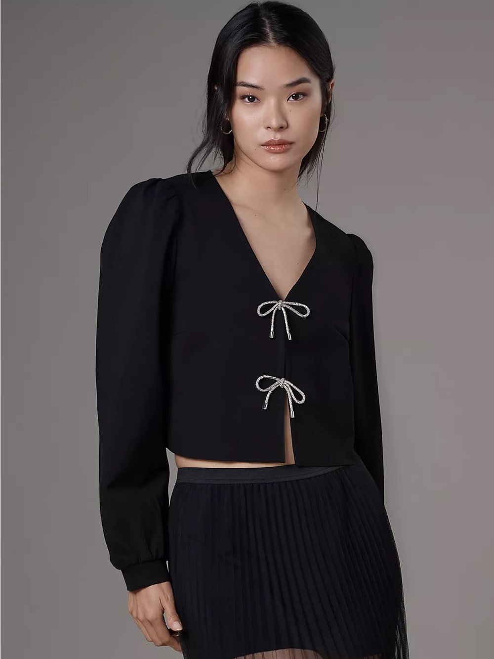 NWOT Anthropologie Dolan Left Coast Black Bow-Front Rhinestone Cardigan XL